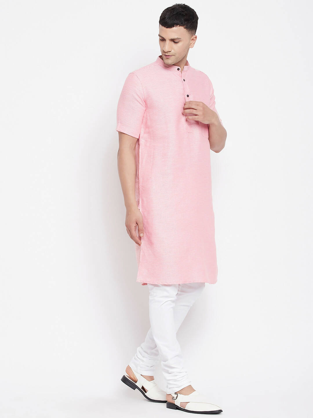 Even Apparels Pink Pure Cotton Men's H/S Kurta With Band Collar | Grocsy
