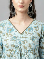 FIORRA Women's Sky Blue Pure Cotton Flared Kurta Set | Grocsy
