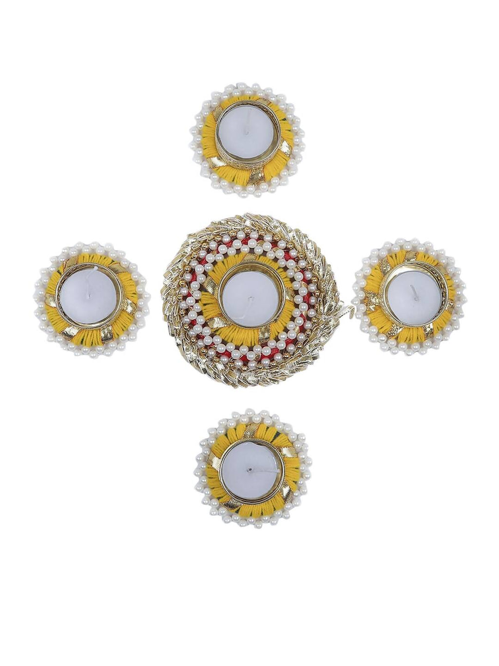 Tied Ribbons Set Of 5 Golden Diwali Dcoration Tealight Candle Holder | Grocsy