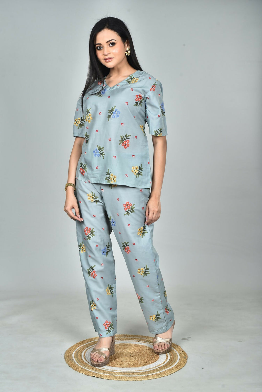 Morchari Digital Print Semi Muslin Co-Ord Set Top & Trouser-Multicolor | Grocsy