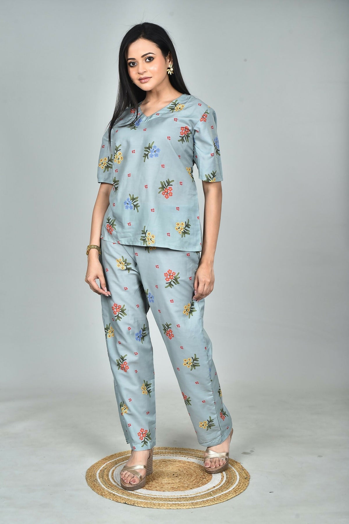 Morchari Digital Print Semi Muslin Co-Ord Set Top & Trouser-Multicolor | Grocsy
