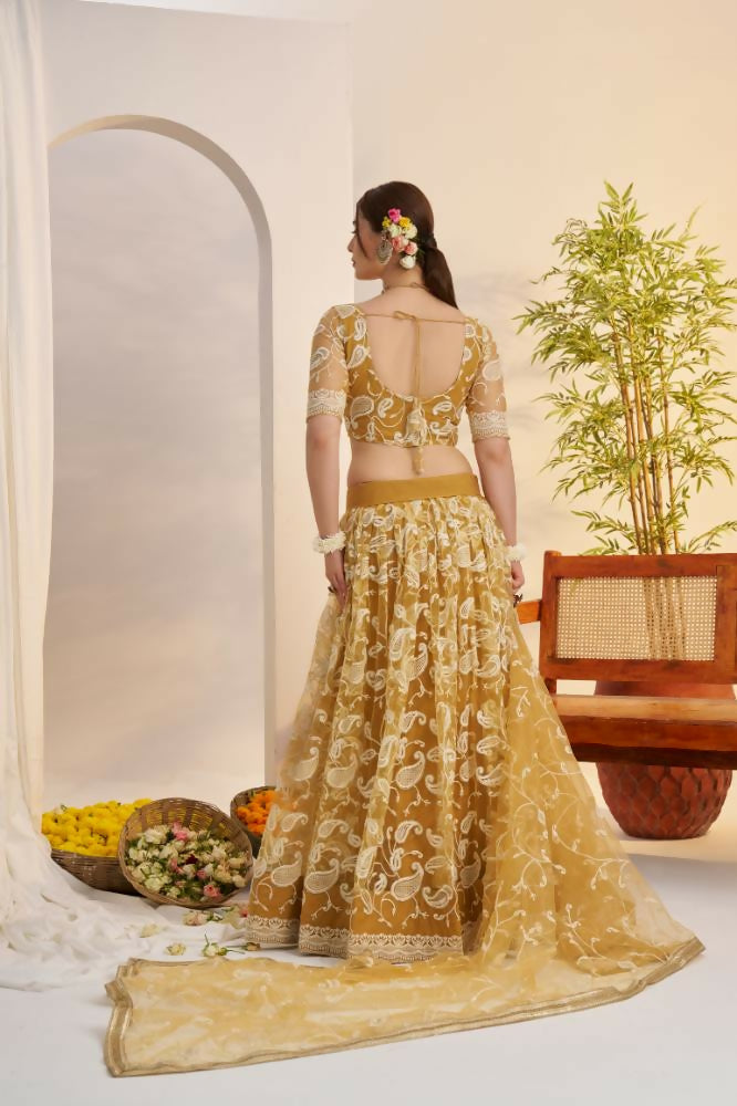 Aastha Fashion Light Golden Butterfly Net White Cotton Thread Work And Sequence Work Embroidery Wedding Wear Lehenga Choli | Grocsy