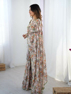 Off White Chinon Designer Digital Printed,Mirror Cut Work Saree - Manvika | Grocsy