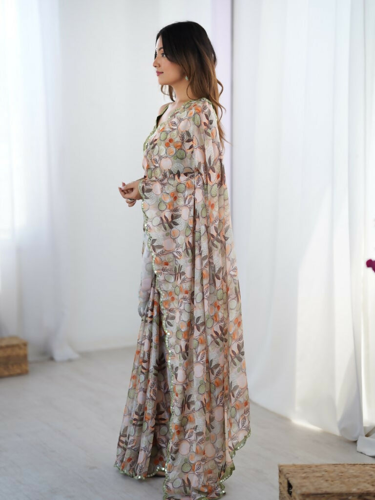 Off White Chinon Designer Digital Printed,Mirror Cut Work Saree - Manvika | Grocsy