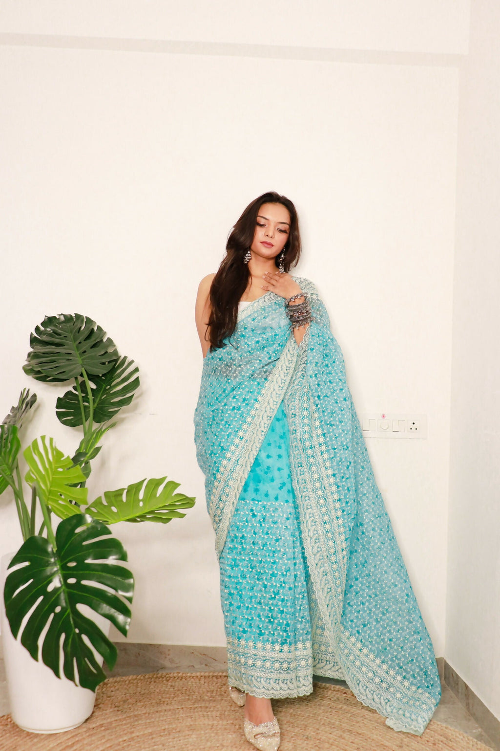 Vamsee Divya Sky Organza Saree | Grocsy