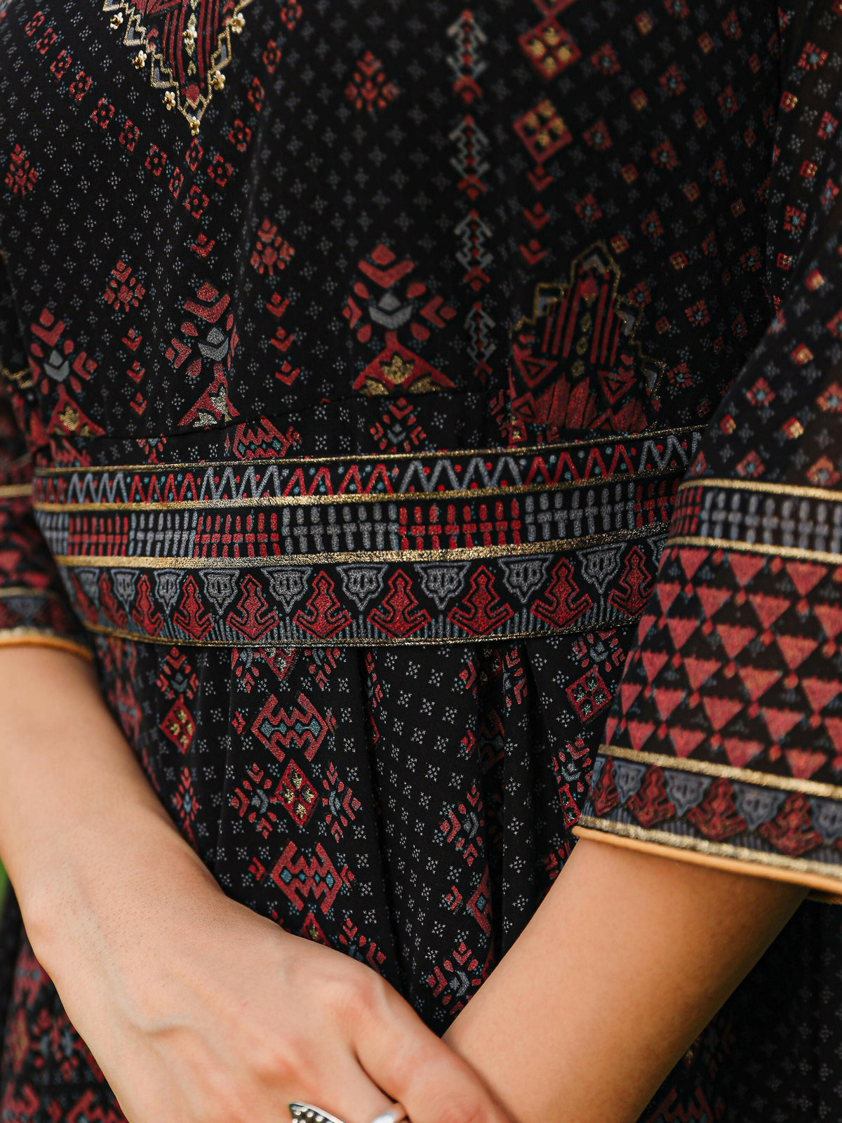 Juniper Women's The Mahautsavam Black Ethnic Motif Printed Georgette Dress With Sequins & Beads | Grocsy