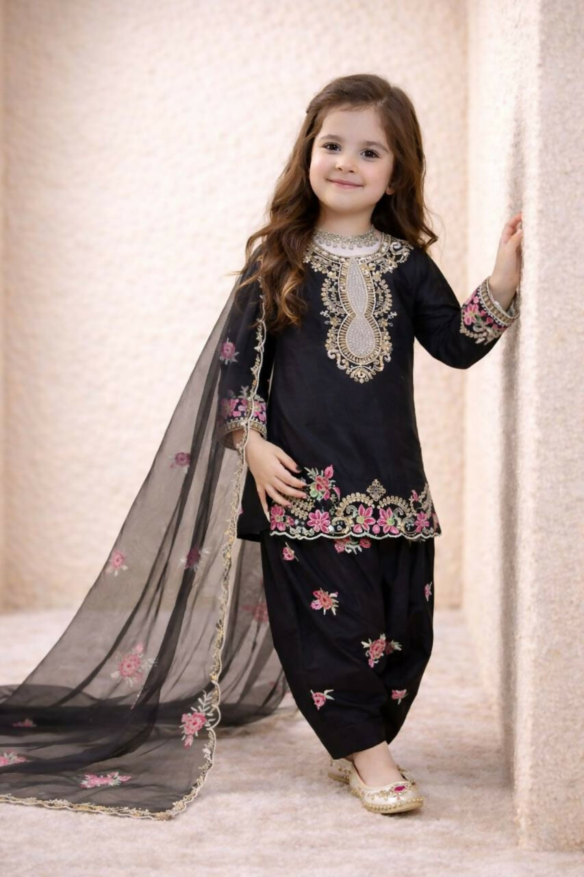 Teeya Creation New Kids Trendy Wedding Wear Traditional Kurta Salwar Set-Black | Grocsy