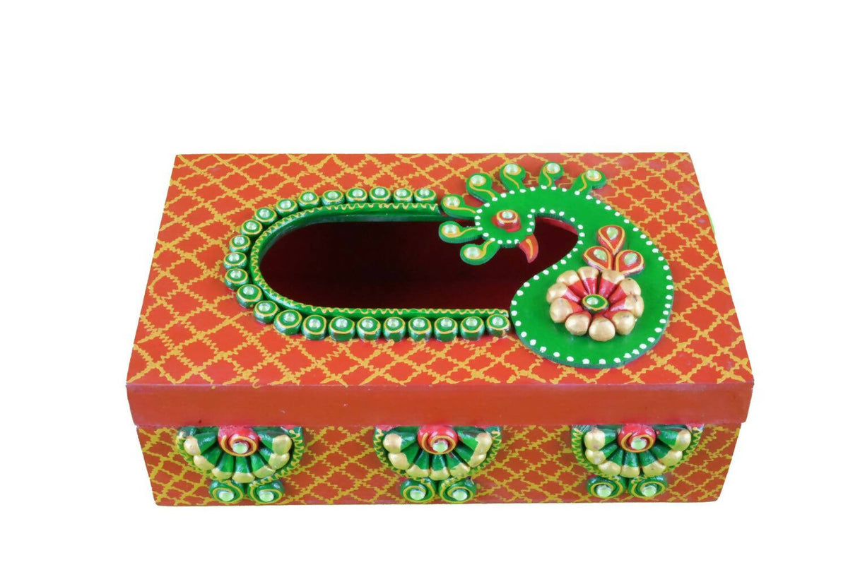 Kundan HandiKrafts Mdf Tissue Box - Red And Yellow | Grocsy
