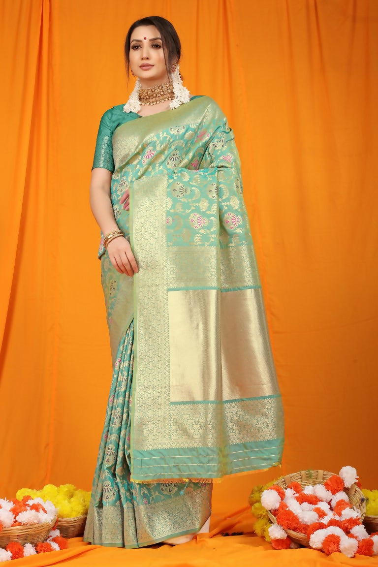 Jyoti Fashion Women's Sea Green Kanjivaram Silk Zari Woven Saree with Blouse | Grocsy