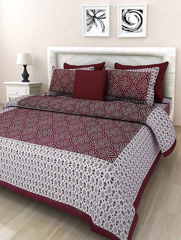 Vamika Printed Cotton White & Red Bedsheet With Pillow Covers (LEOC_CHUN_MR) | Grocsy