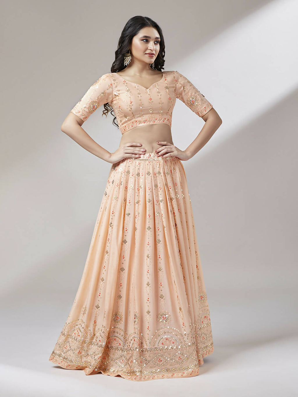 House of Panchhi Women Peach Pure Georgette Embroidered Lehenga & Blouse, Dupatta | Grocsy