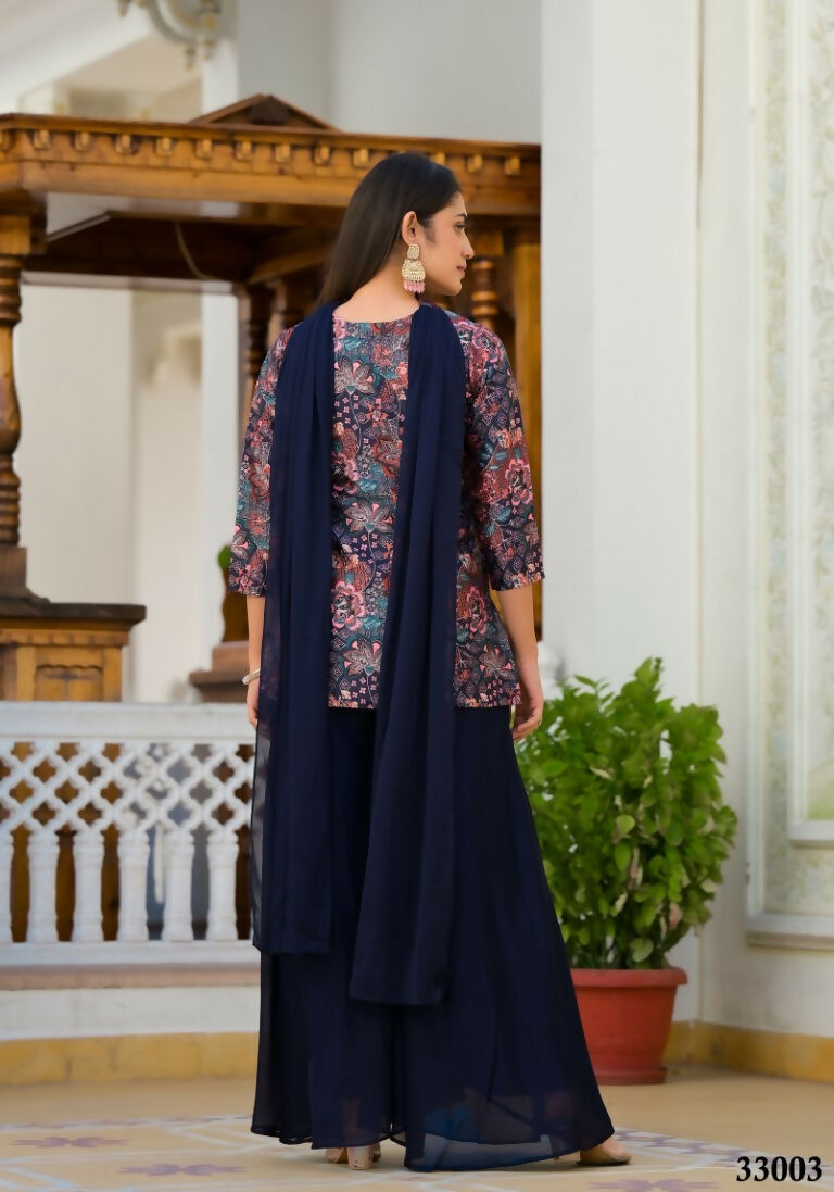 Designer Stylish Navy Blue Dull satin Stitched Suit With Dupatta - Samya | Grocsy