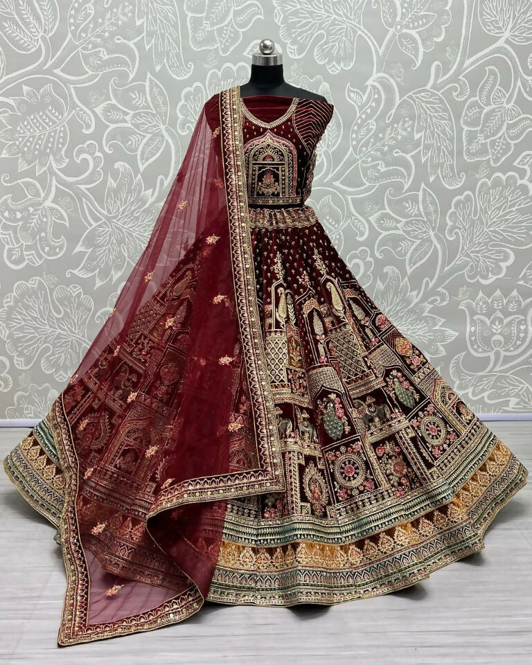 Jyoti Fashion Women's Maroon Velvet Fancy Dori & Sequins with Multi Thread Embroidered with Diamond Work Wedding Lehenga Choli | Grocsy