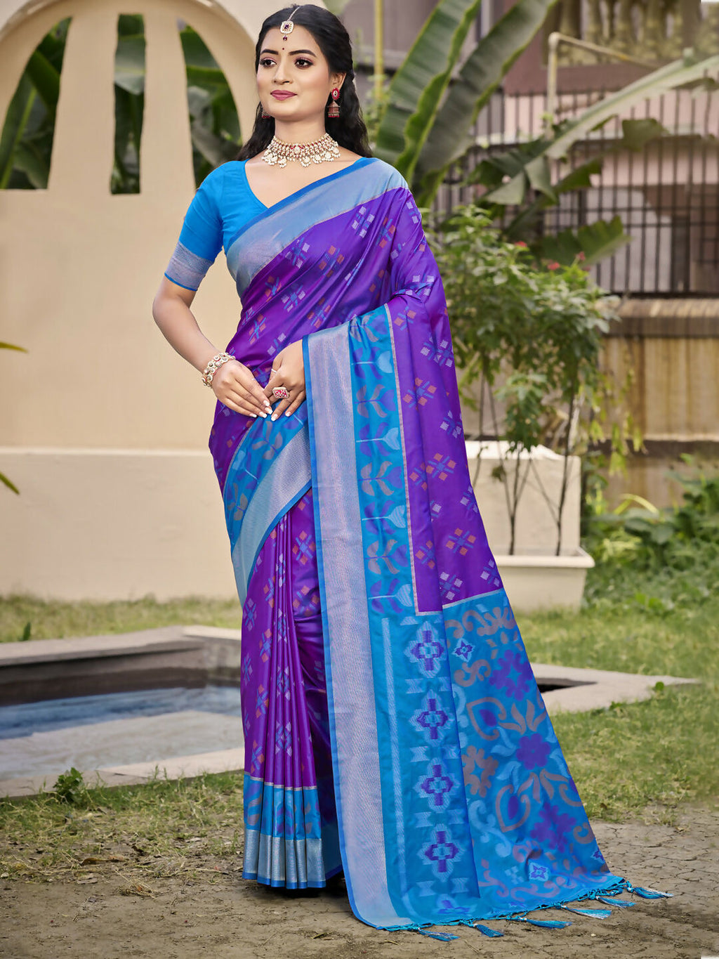 Shree Shyam Fashion Pochampalli Silk Violet Saree | Grocsy
