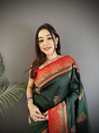 Joban Fashion Dark Green Banarasi Soft Silk Peacock Butta Work Saree | Grocsy
