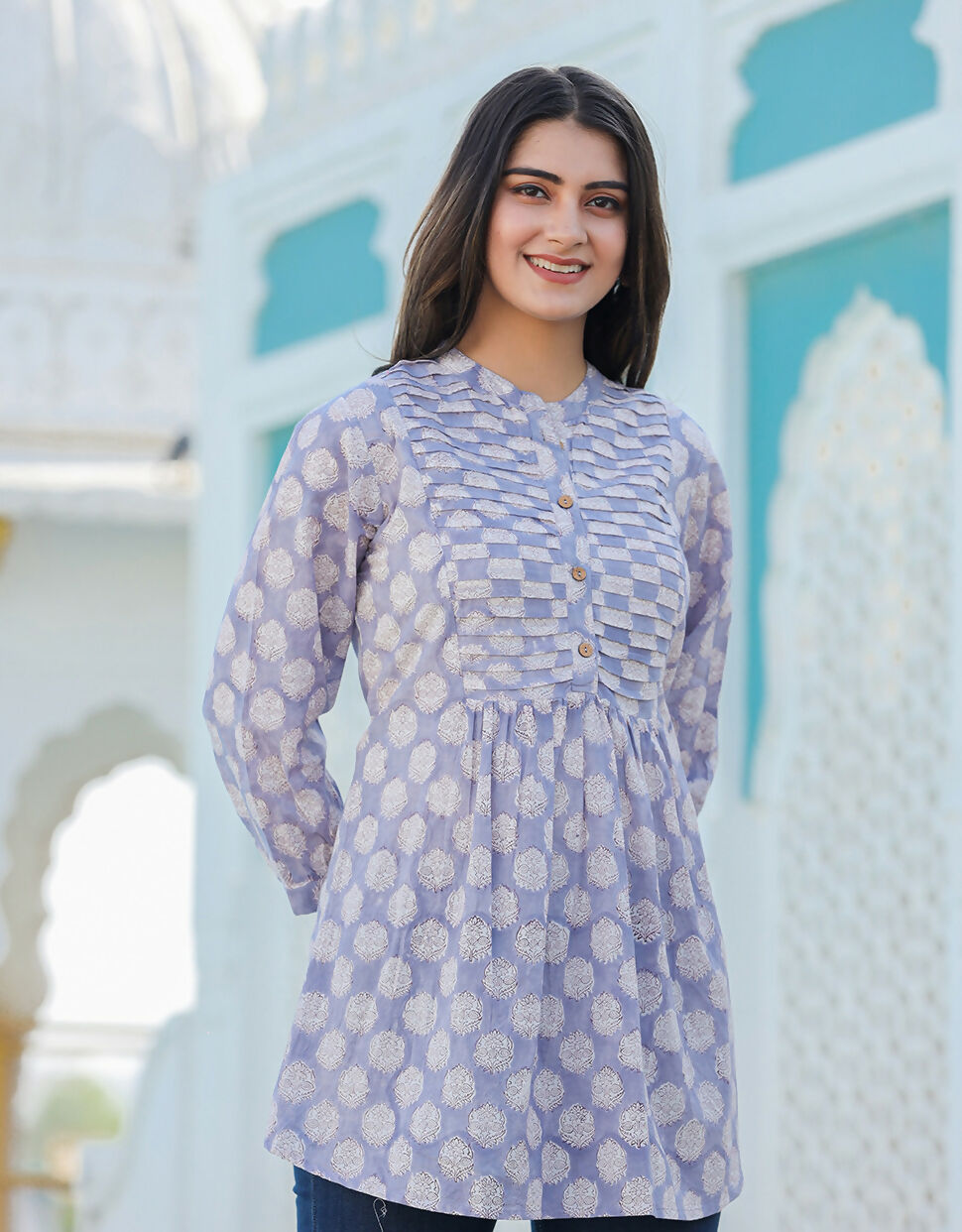 Kaajh Women's Grey Hand Block Printed Cotton Top | Grocsy