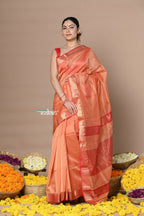 Very Much Indian Rajsi - Handloom Ari Checks Cotton Silk Saree With Golden Border - Orange | Grocsy