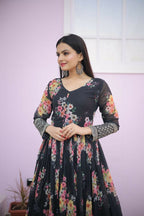 Jyoti Fashion Women's Black Digital Print with Sequence Zari Embroidered Faux Georgette Anarkali Dress | Grocsy