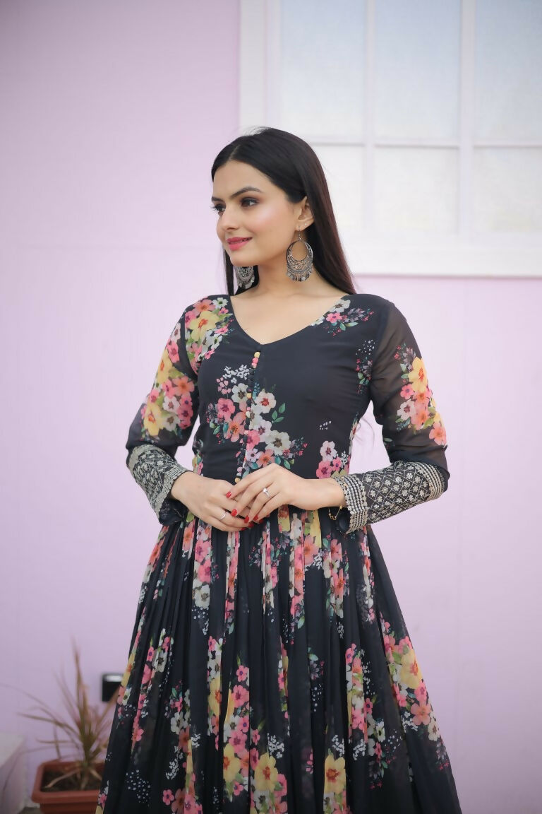 Jyoti Fashion Women's Black Digital Print with Sequence Zari Embroidered Faux Georgette Anarkali Dress | Grocsy