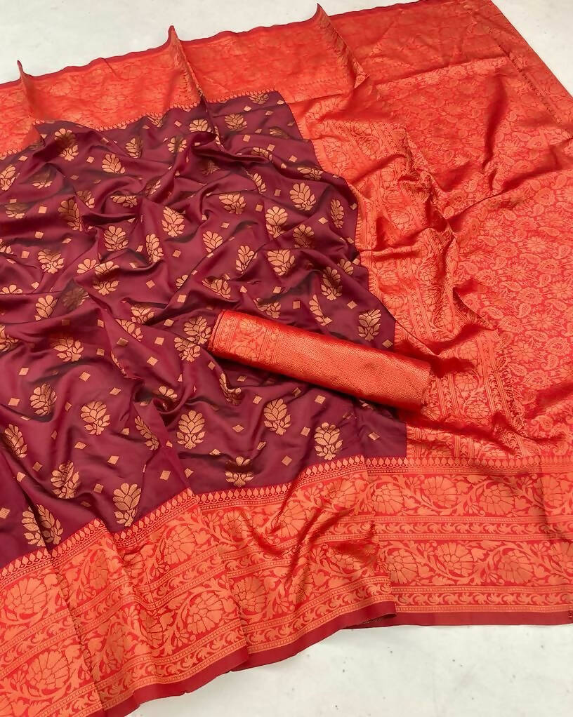 DEIANA'S Beautiful Designer Golden zari Soft Lichi Silk Saree - Maroon | Grocsy
