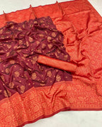 DEIANA'S Beautiful Designer Golden zari Soft Lichi Silk Saree - Maroon | Grocsy