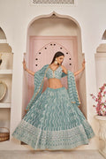 Aastha Fashion Ocean Blue Butterfly Net White Cotton Thread Work, Zari Work And Sandwich Sequence Work Embroidery Wedding Wear Lehenga Choli | Grocsy