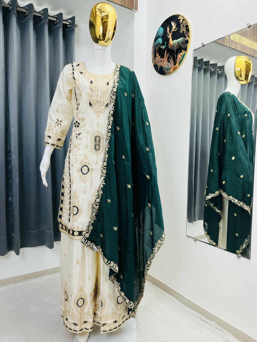 Teeya Creation Green Color Chinon Silk Party Wear Trending Palazzo Set | Grocsy
