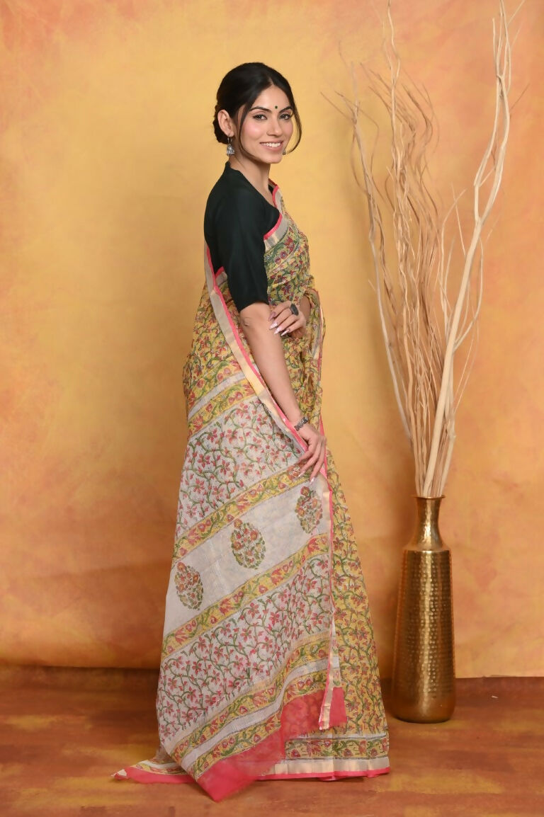Very Much Indian Pure Kota Cotton Handblock Printed Saree - Yellow | Grocsy
