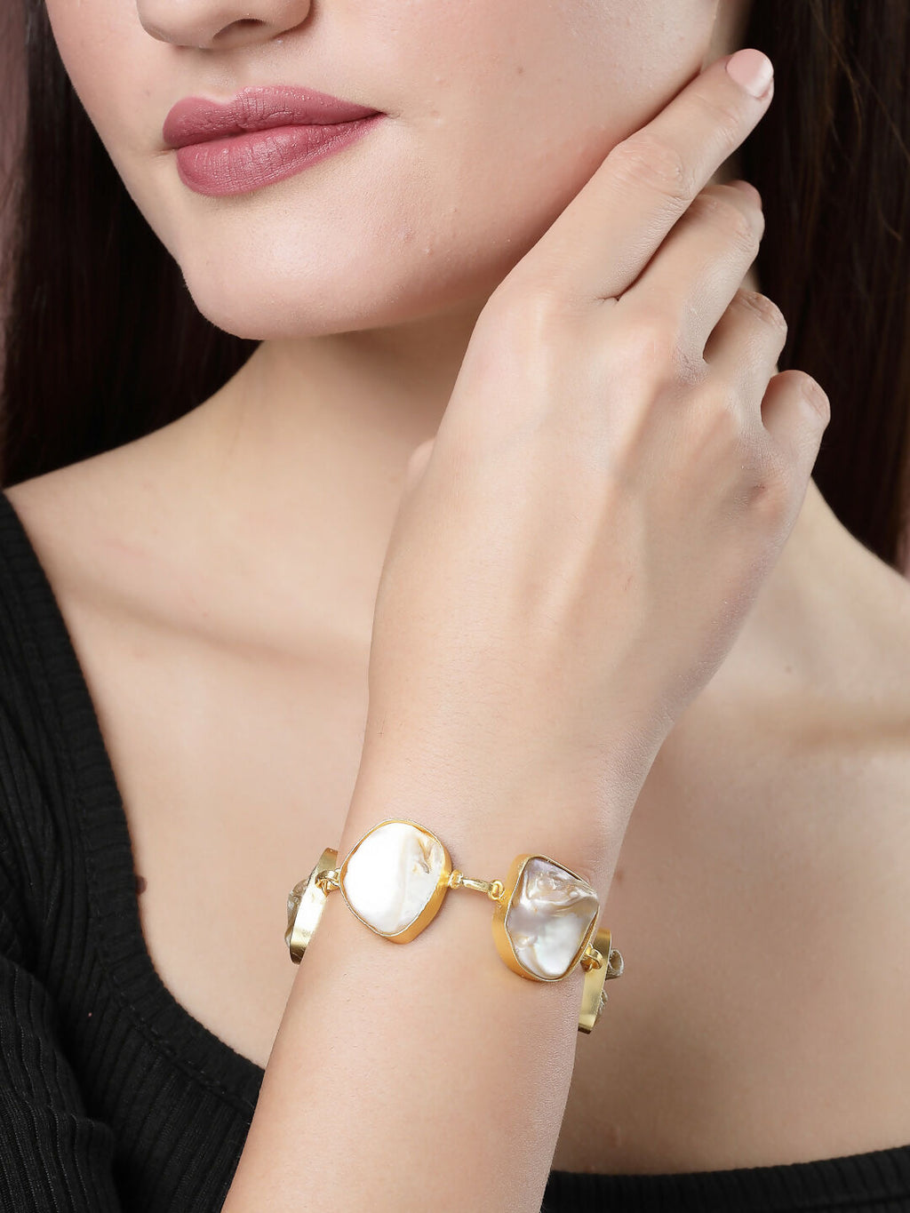NVR Women's Gold-Polished Handcrafted Mother of Pearl Link Bracelet | Grocsy