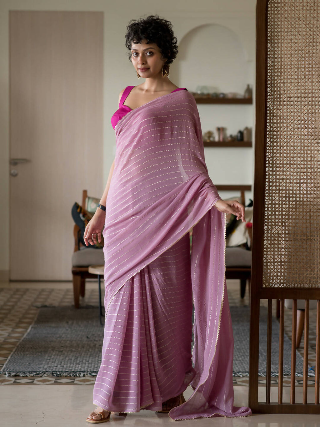 Suta Pink Striped Cotton Blend Saree | Grocsy
