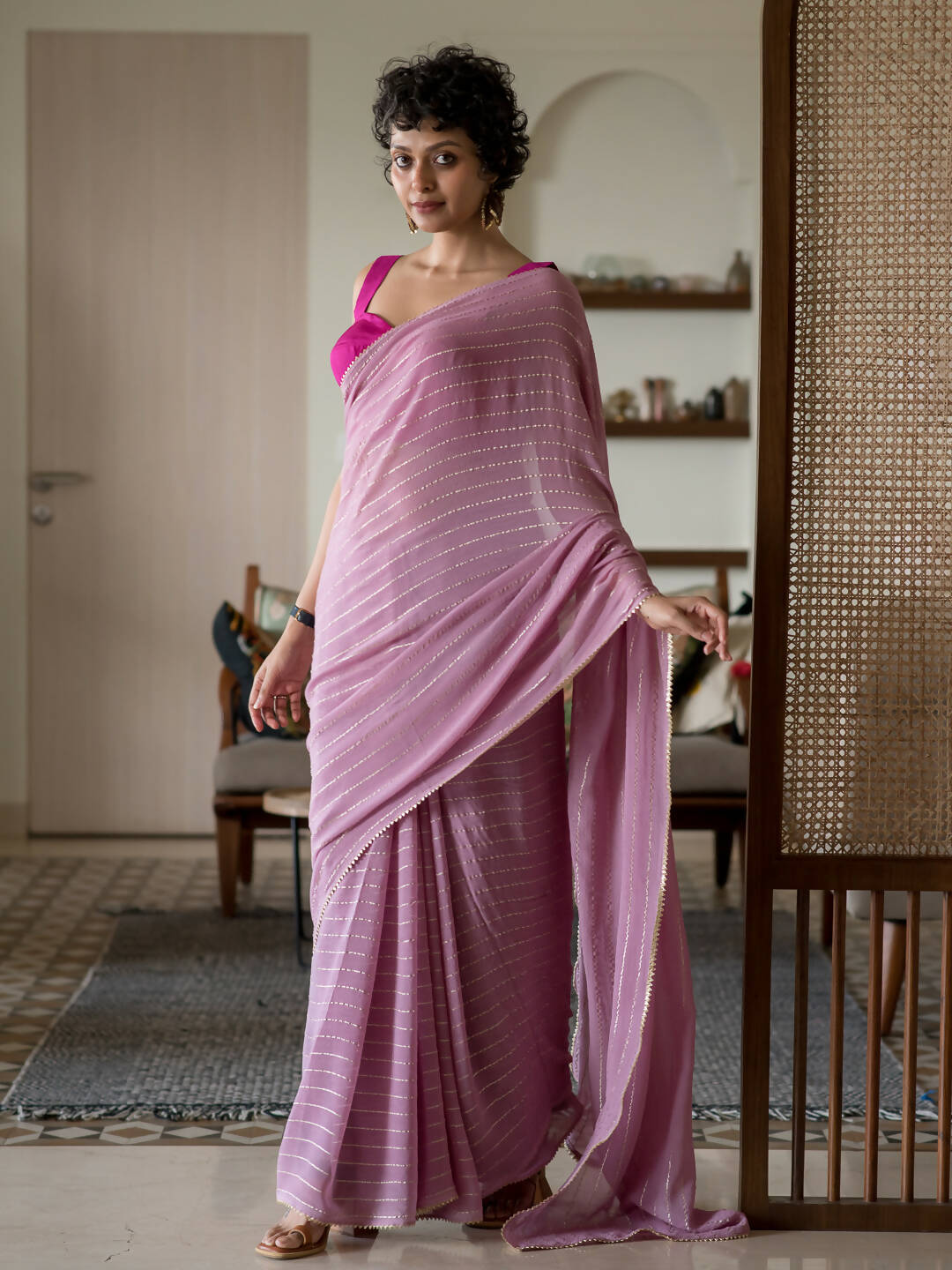 Suta Pink Striped Cotton Blend Saree | Grocsy