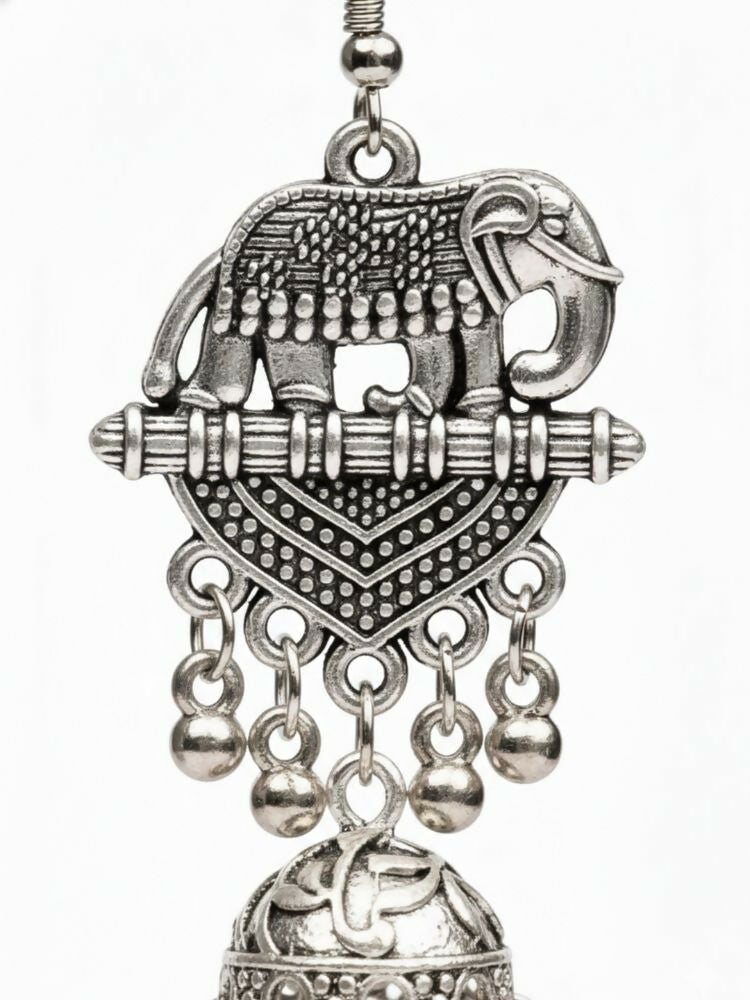 NVR Women Elephant Design German Silver Oxidised Jhumka Earrings | Grocsy