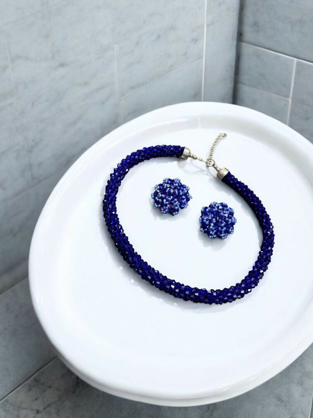 Inhanns Noor-E-Jalwa – Handmade Crystal Bead Necklace / Necklace With Earrings -Adjustable - Blue | Grocsy