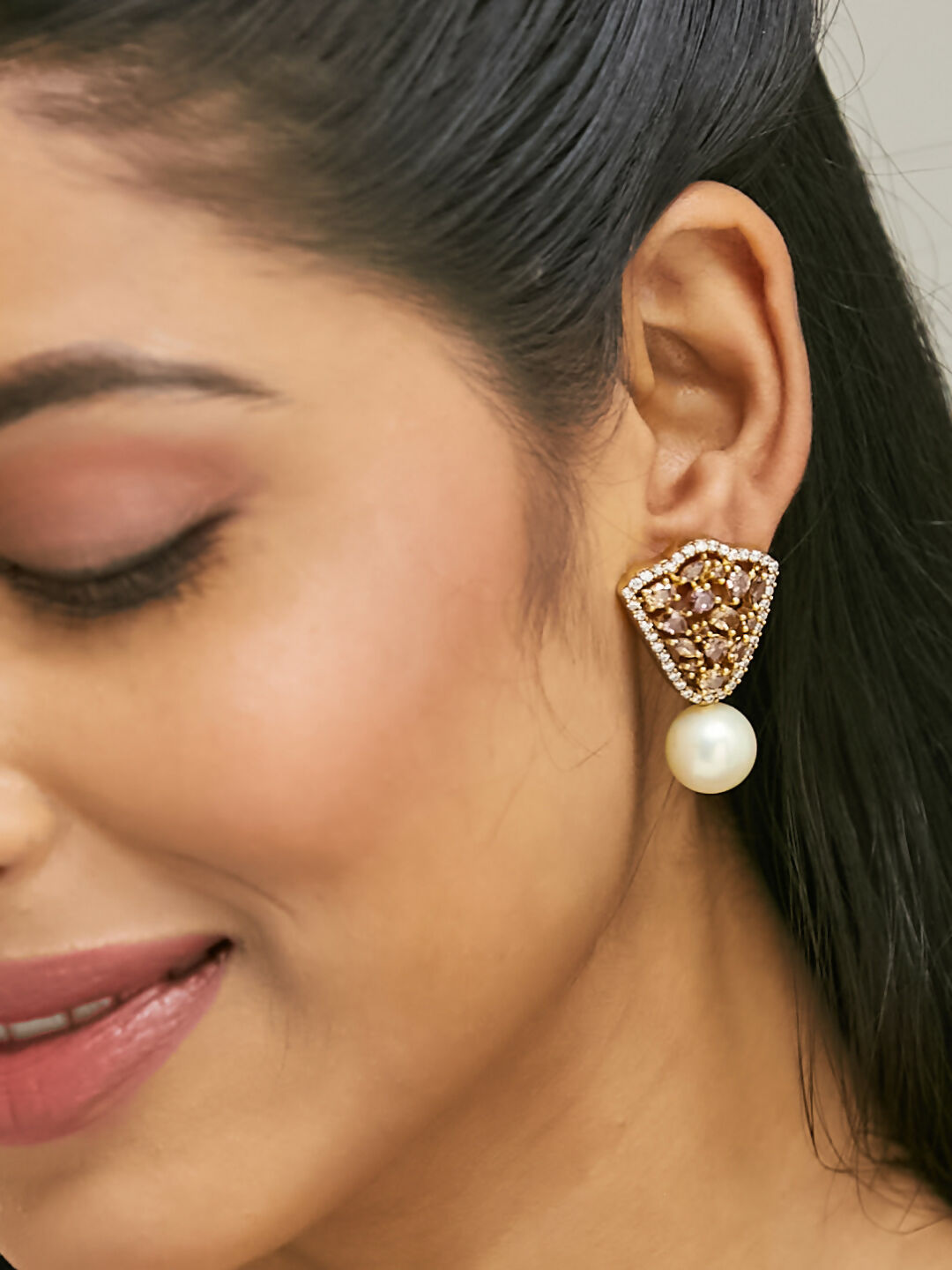 Nuyug 22K Gold-Plated Elegant Zircon Stone Studded & Pearls Drop Stud Earrings | Grocsy