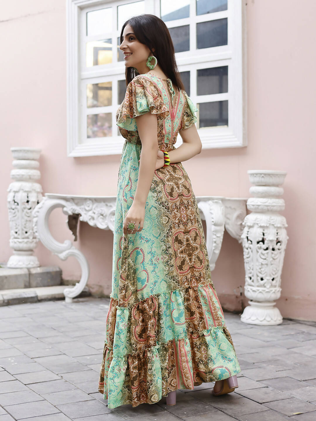 Sea Green Rayon Foil Printed Long Dress - Michan | Grocsy