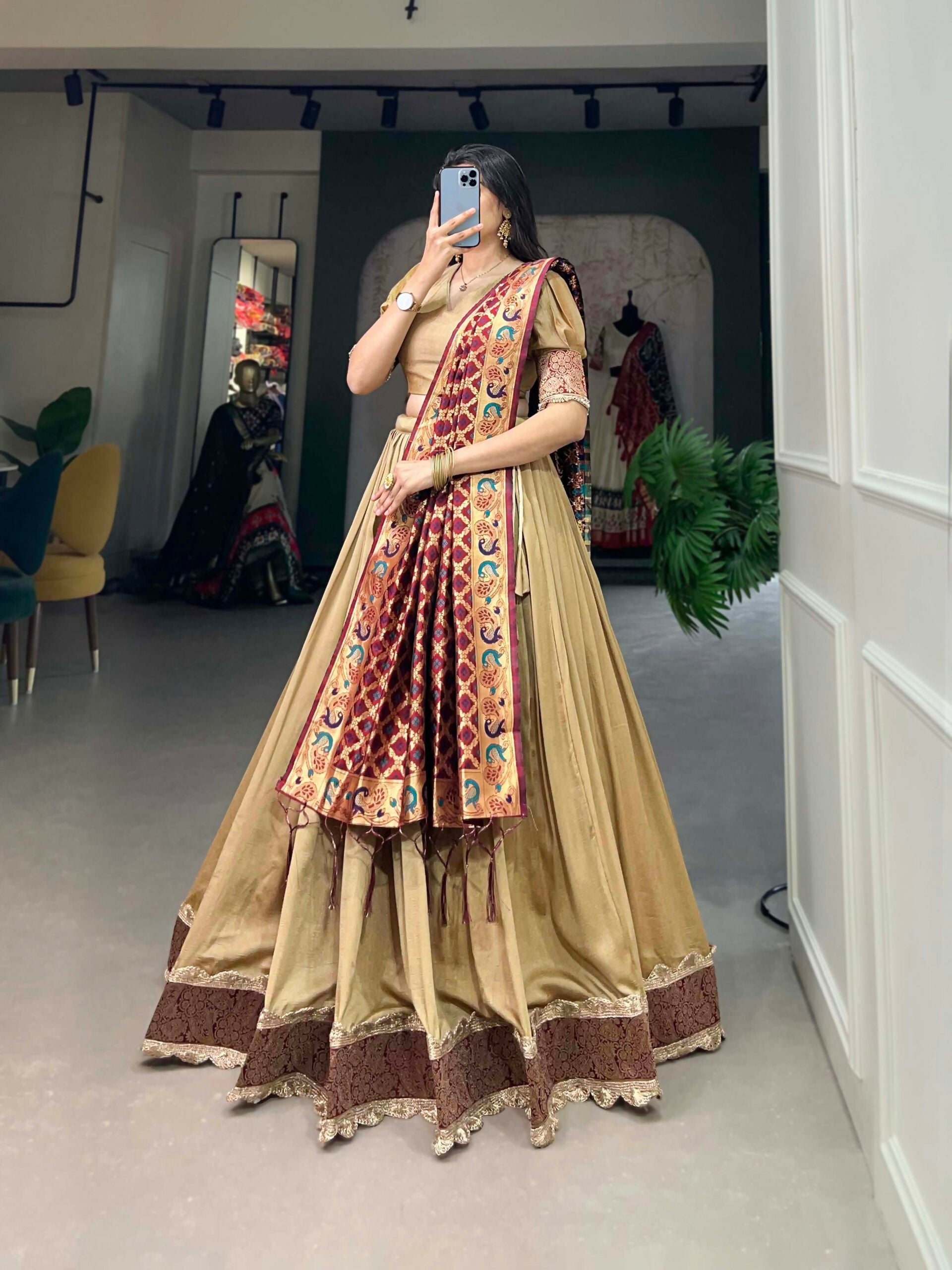Vastranavya Traditional Jacquard Vichitra Silk Lehenga Choli - Chiku | Grocsy