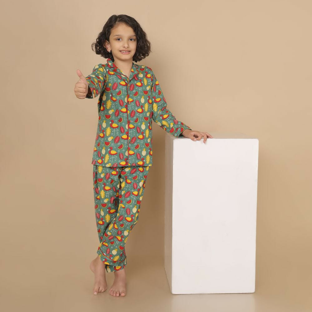 Breathables Kids Cotton Watermelon & Pineapple Print Night Suit – Green Full Sleeves Shirt & Pant Co-Ord Set | Nightwear | Grocsy