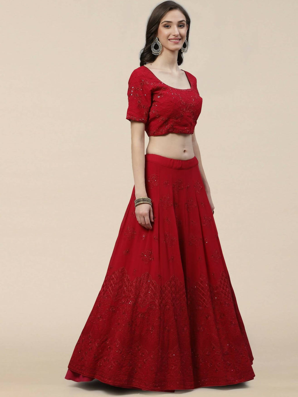 Dark Pink Georgette Thread with Sequins Embroidered work Lehenga Choli with Dupatta - Jivika | Grocsy