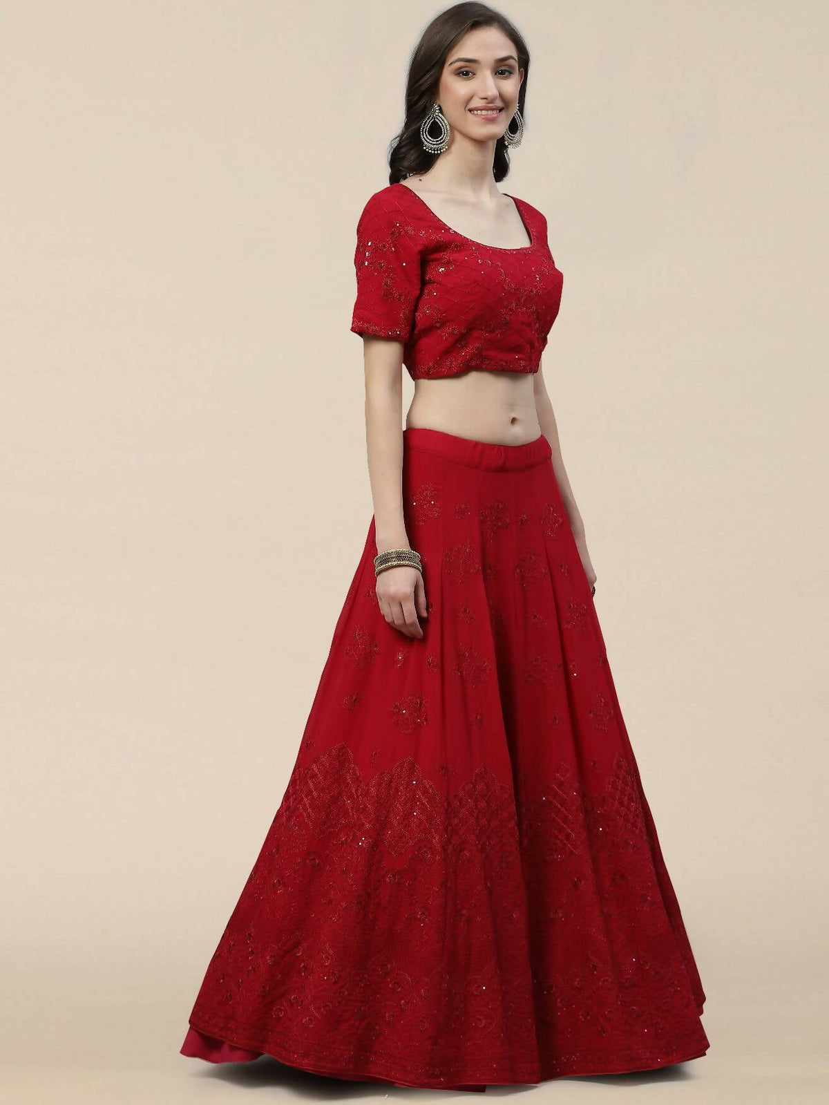 Dark Pink Georgette Thread with Sequins Embroidered work Lehenga Choli with Dupatta - Jivika | Grocsy