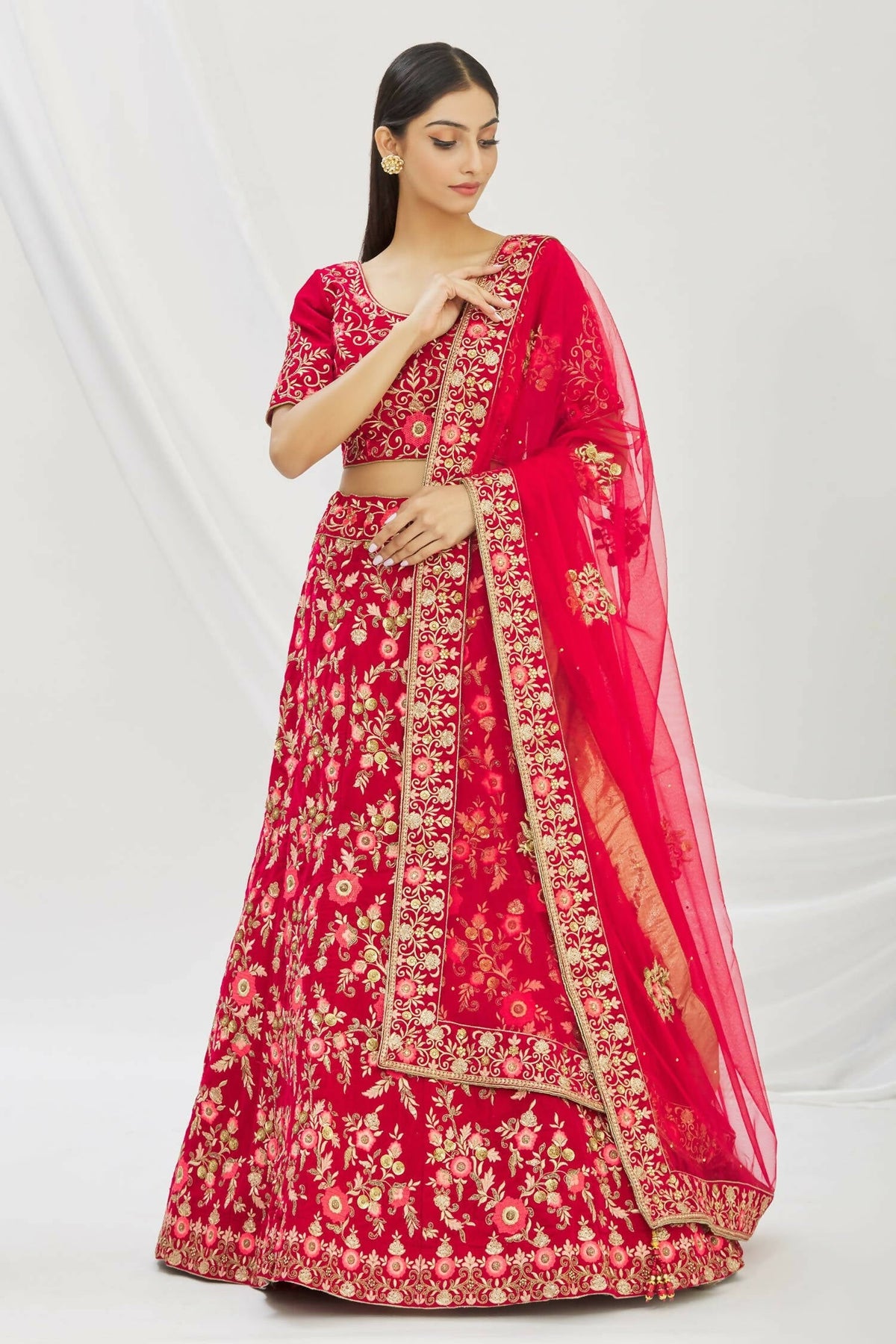 Red Velvet Semi-Stitched Wedding Bridal Lehenga - Nimaya | Grocsy