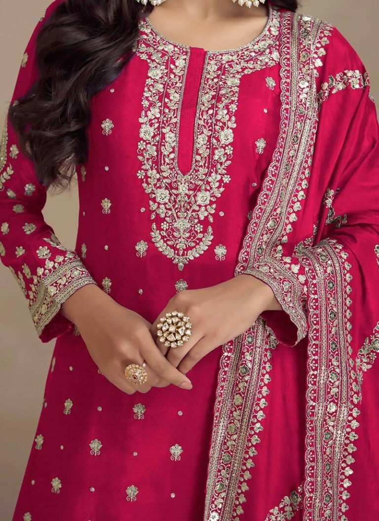 Vastranavya Glamorous Pink Chinon Palazzo Suit With Intricate Sequins Embroidery Work with Dupatta | Grocsy