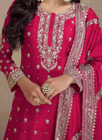 Vastranavya Glamorous Pink Chinon Palazzo Suit With Intricate Sequins Embroidery Work with Dupatta | Grocsy