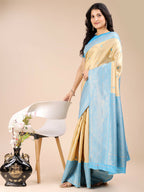 Shree Shyam Fashion Aura Silk Cream Sky Blue Banarasi Silk Saree | Grocsy