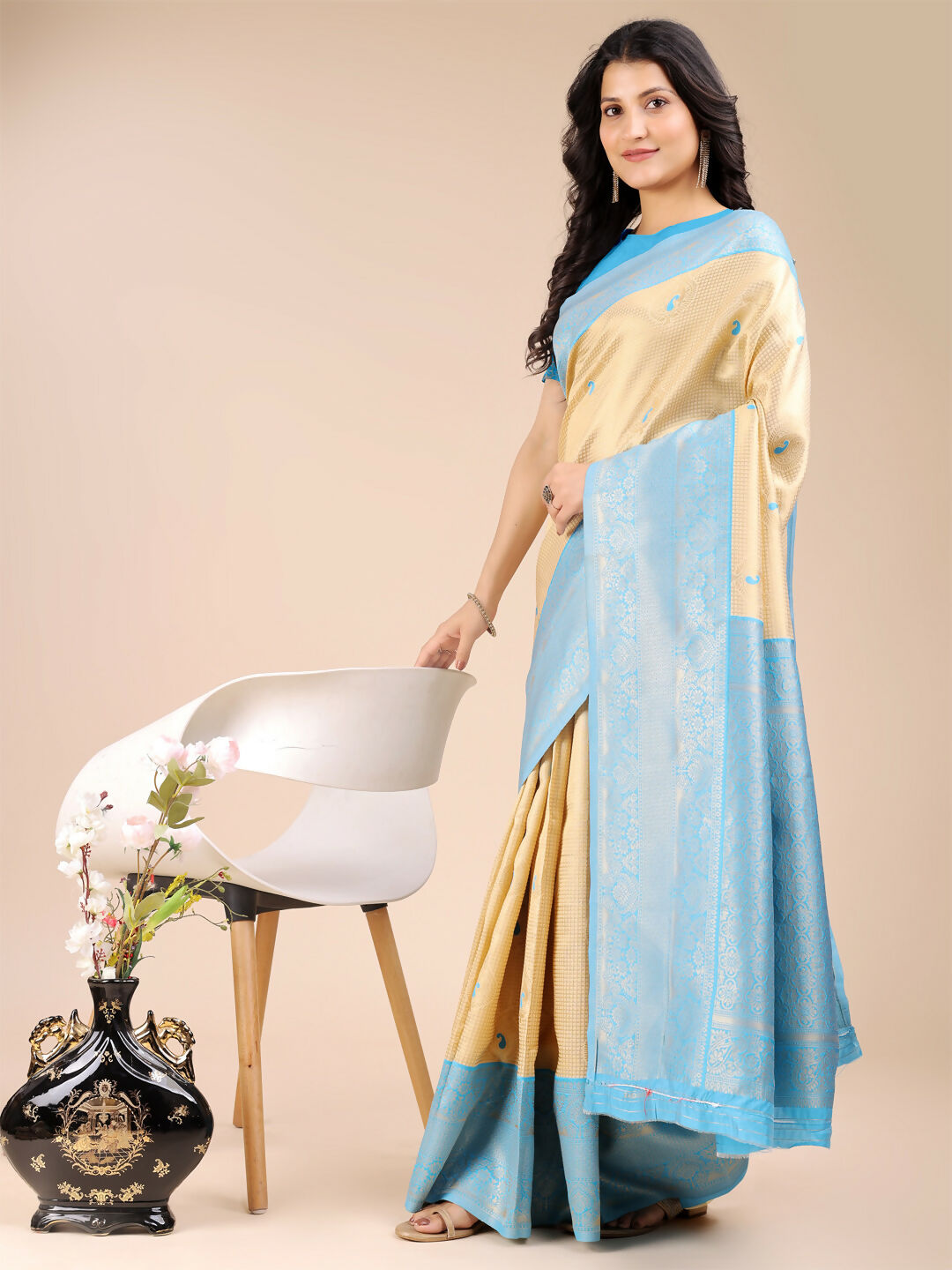 Shree Shyam Fashion Aura Silk Cream Sky Blue Banarasi Silk Saree | Grocsy