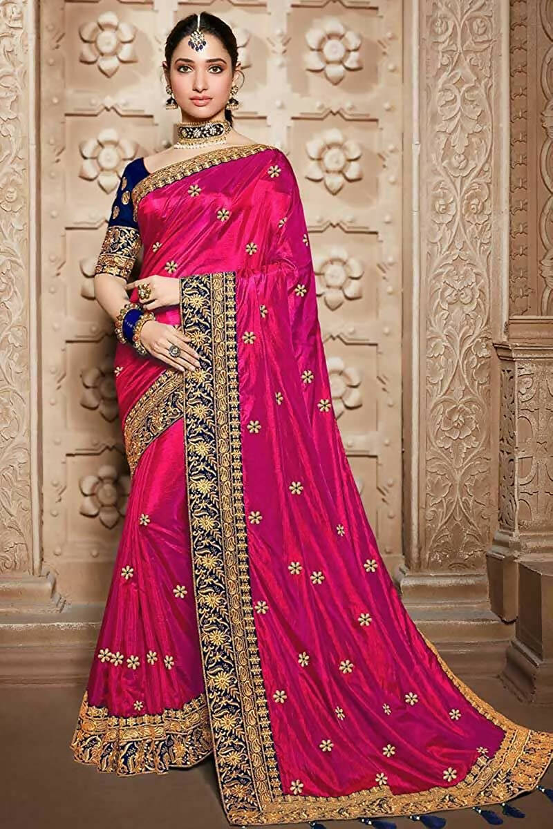 Vamika Pink Embroidery Sana Silk Saree | Grocsy
