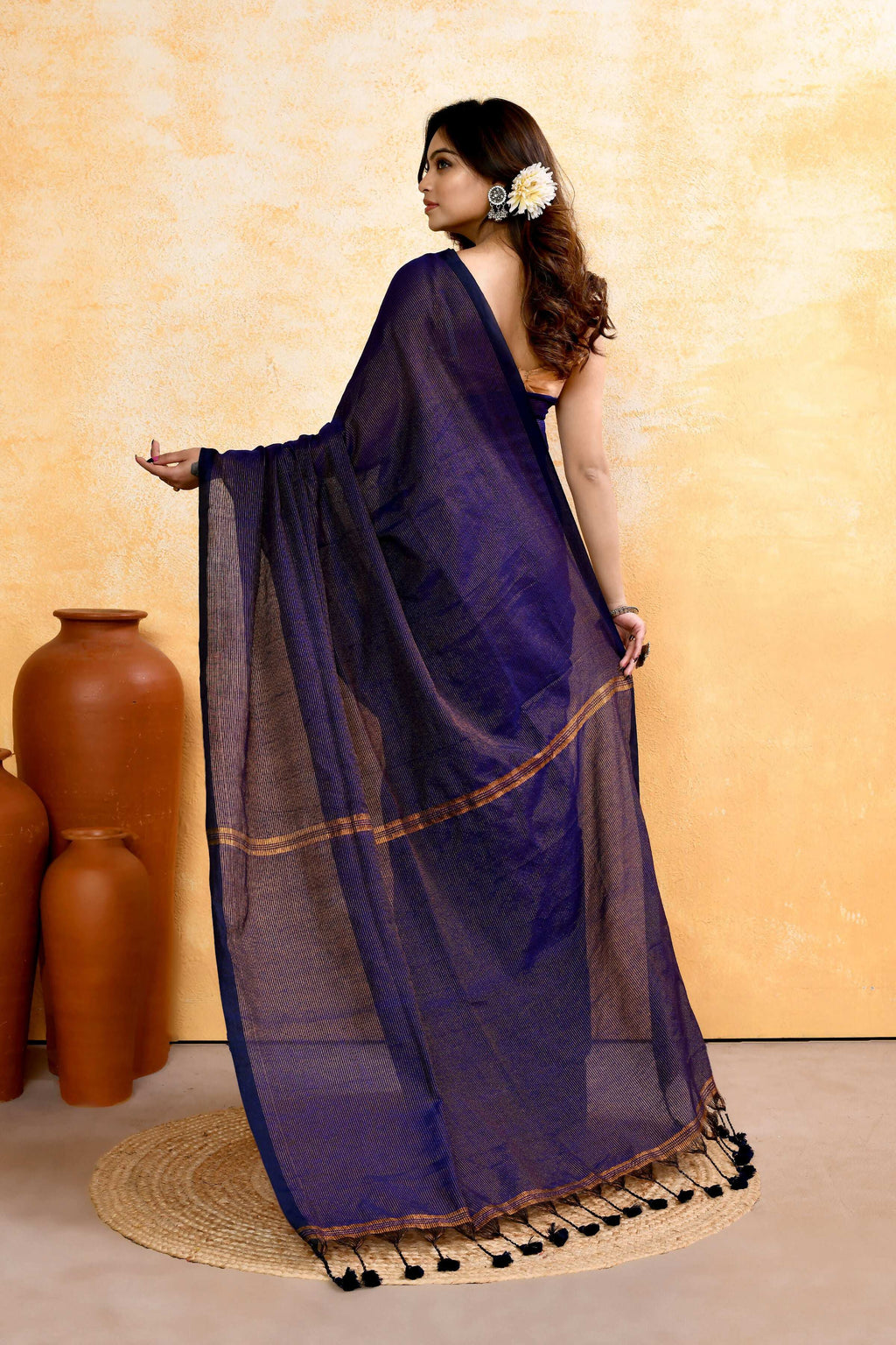 Piyari Fashion Women's Navy Blue Embellished Cotton Blend Zari Check Handloom Saree | Grocsy