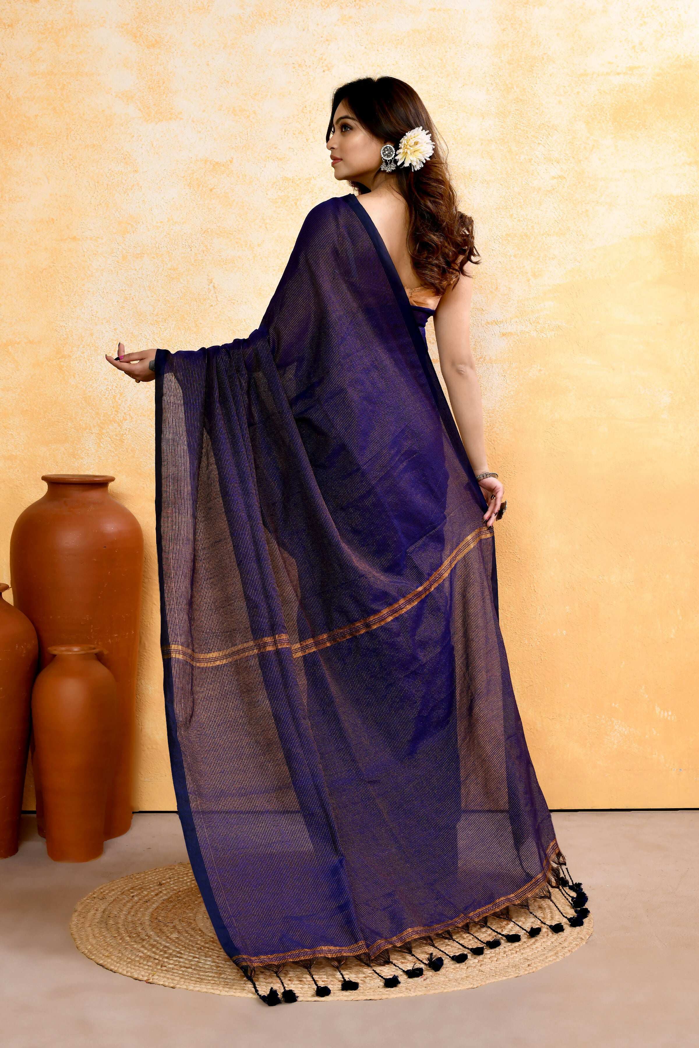 Piyari Fashion Women's Navy Blue Embellished Cotton Blend Zari Check Handloom Saree | Grocsy