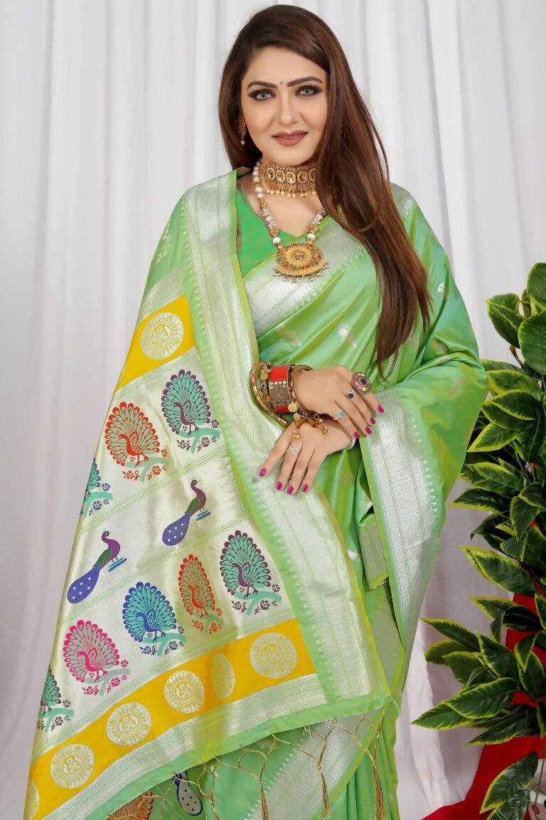Jyoti Fashion Women's Sea Green Paithani Silk Zari Woven Saree with Blouse | Grocsy