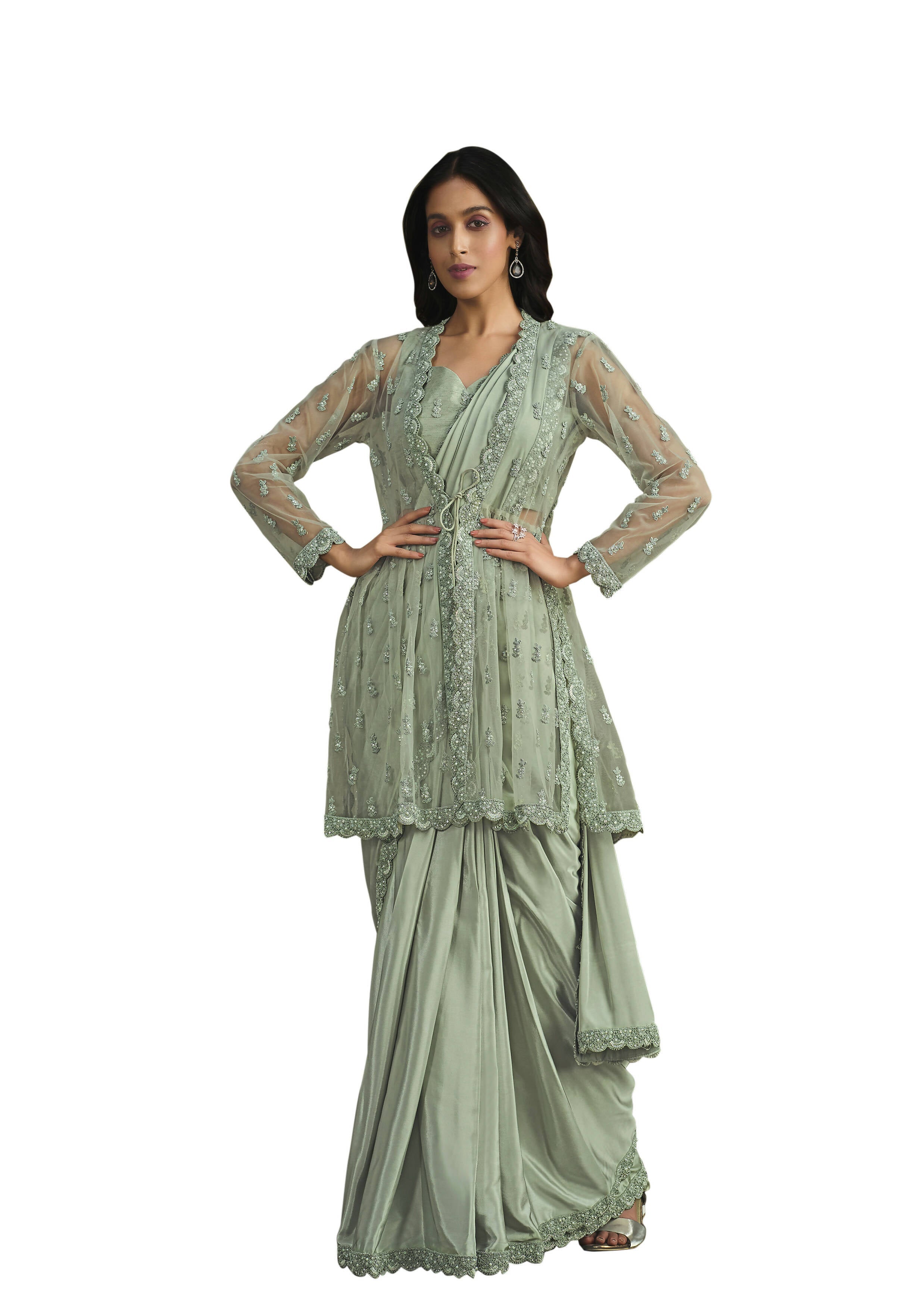 Sea Green Crepe Silk Sequence Embroidered With Stone & Sequence Work Jacket Saree With Stitched Blouse - Mohmanthan La Belle | Grocsy