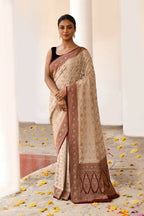 Joban Fashion Crème Crepe Chiffon Pure Handloom Banarasi Silk Saree | Grocsy